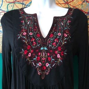 Boho embroidered black top, size S